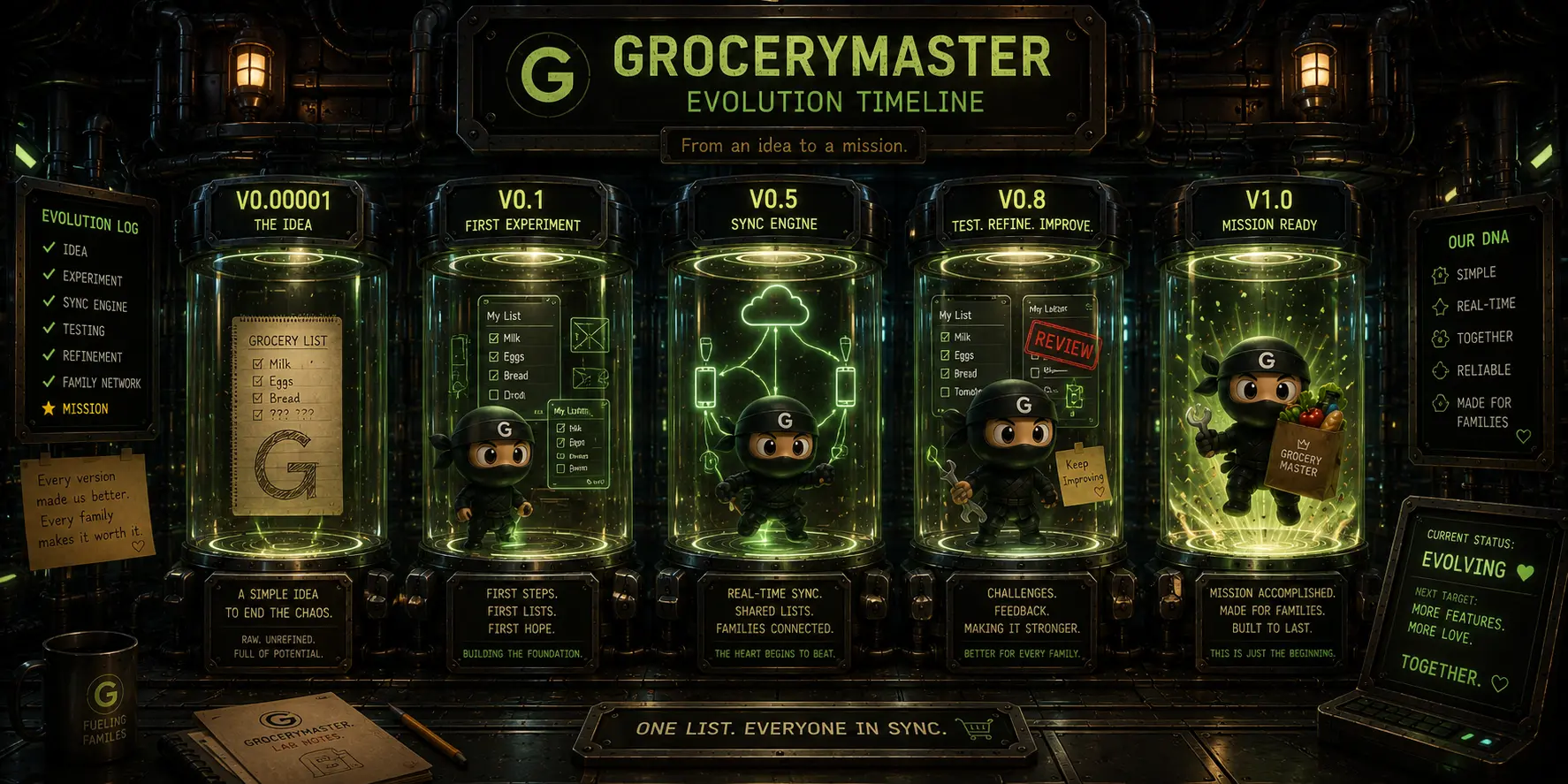 GroceryMaster evolution timeline inside a laboratory
